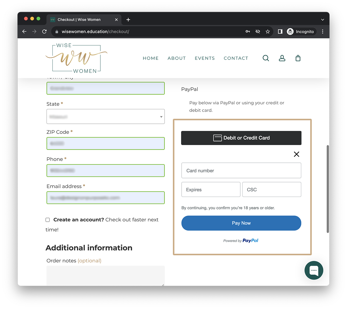 Checkout Debit or Credit Card Form Fields